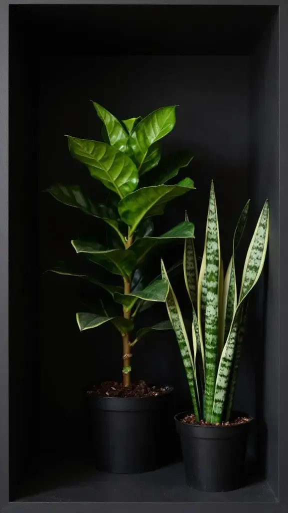 low-light nook with ZZ plant and snake plant