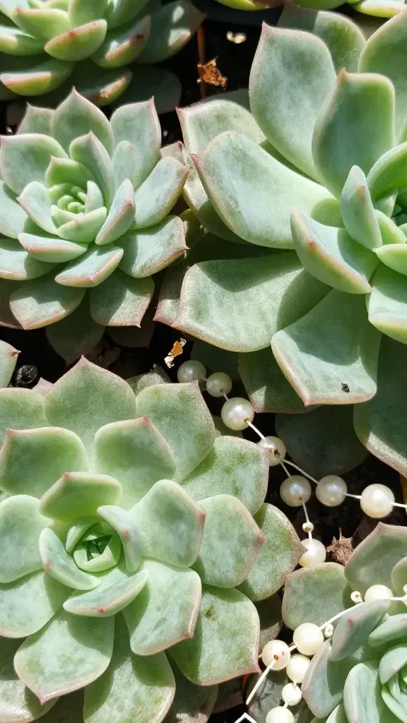 sunny sill with succulents, jade, string of pearls