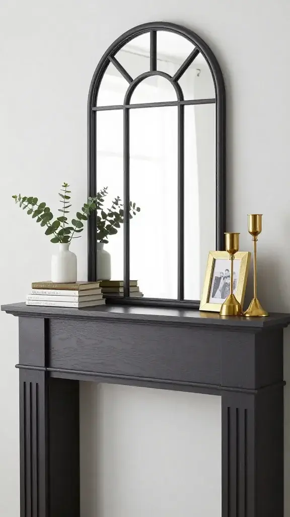 styled mantel: tall arched mirror, stacked books, eucalyptus, brass candlesticks, framed photo