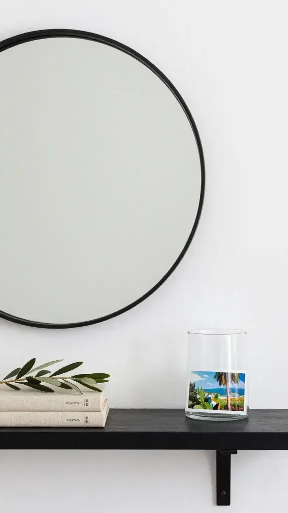 minimalist mantel: black round mirror, linen-bound books, olive branches, glass hurricane, travel postcard