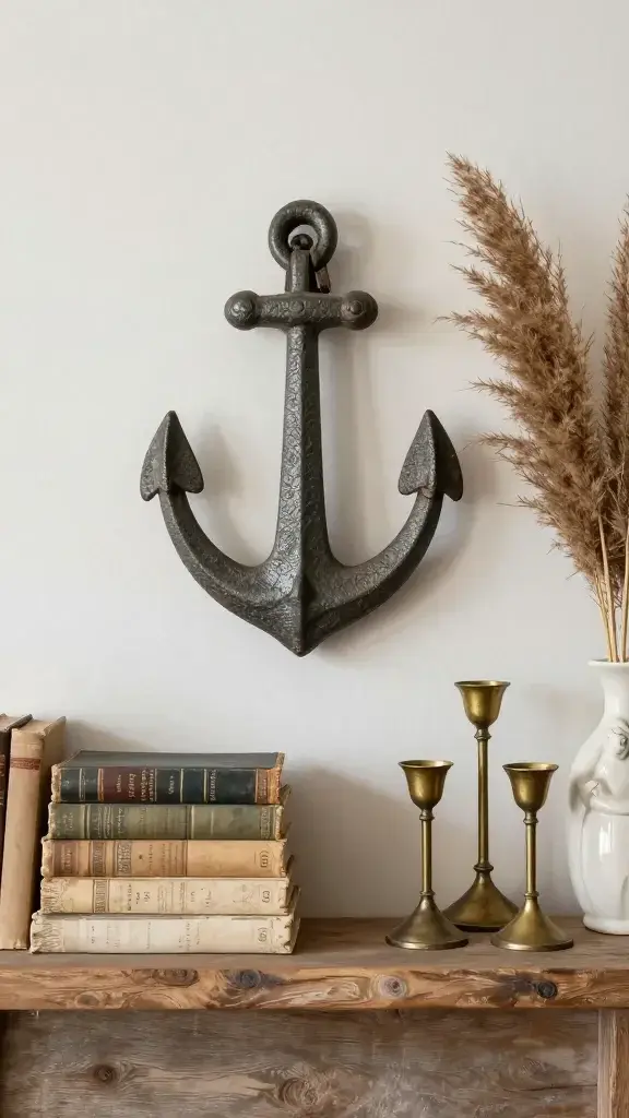 rustic mantel: vintage portrait anchor, horizontal book stack, dried pampas, aged brass taper holders, ceramic figurine