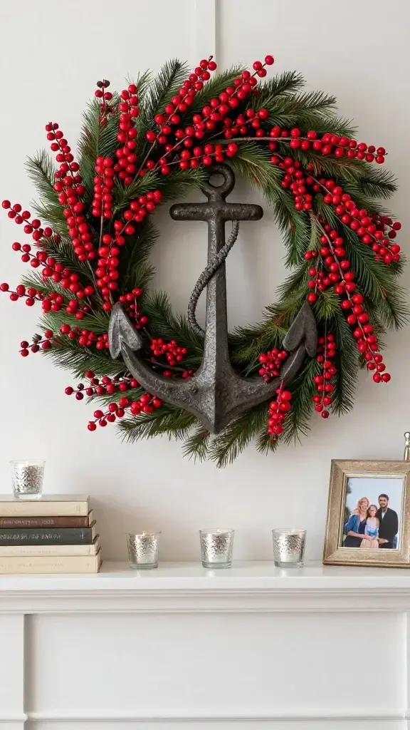 holiday mantel: large wreath anchor, red berry branches, neutral book stack, mercury glass votives, family snapshot