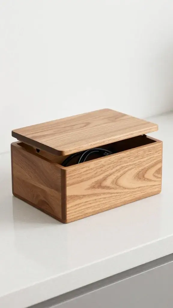 Wooden charging box with lid hiding cables, on countertop