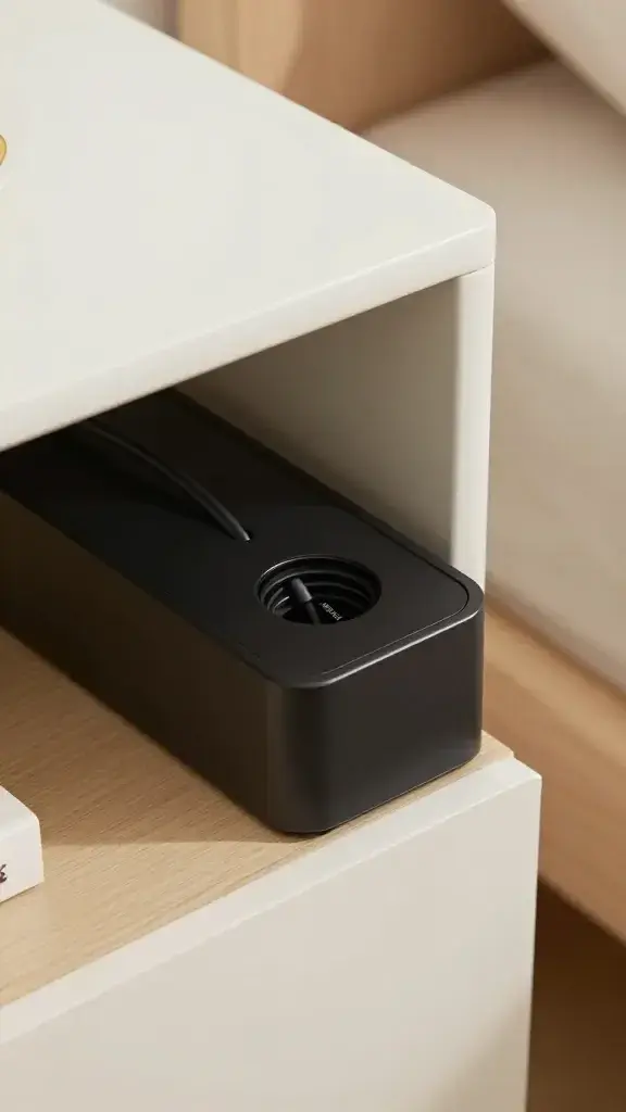 Nightstand drawer charging station with routed cord grommet
