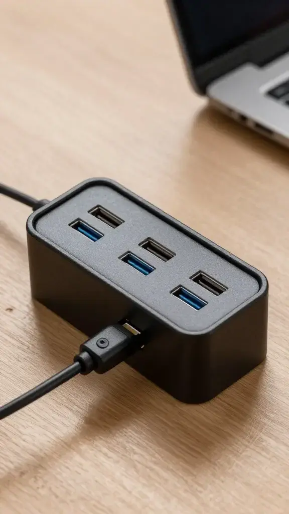 Desk cable management box with labeled USB-C and Lightning plugs
