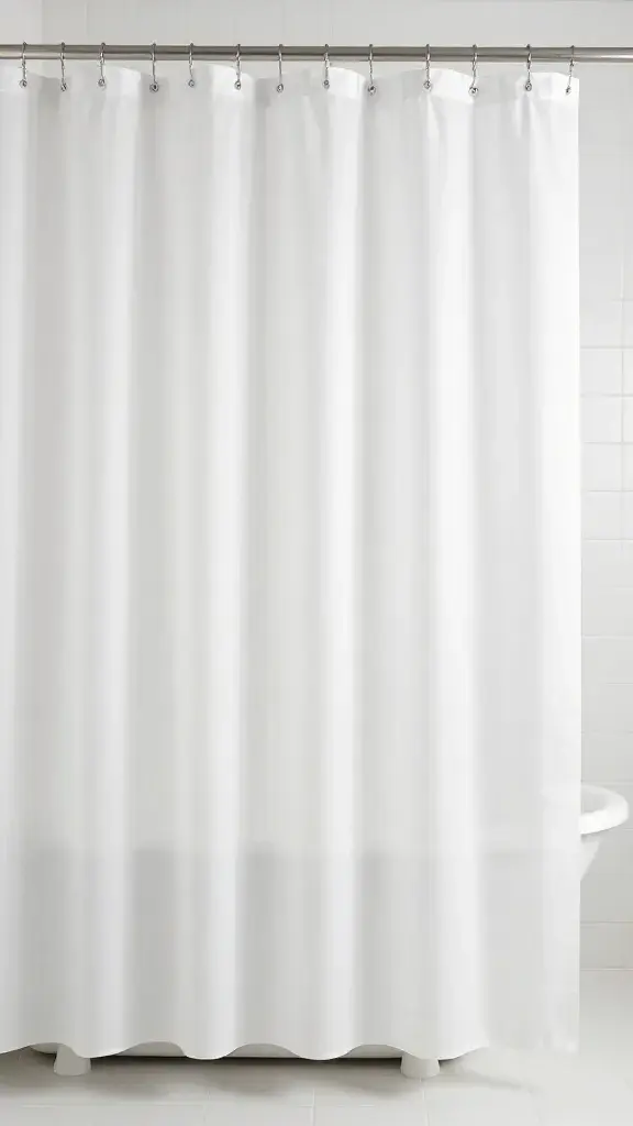 Bold patterned shower curtain in plain white tile bathroom