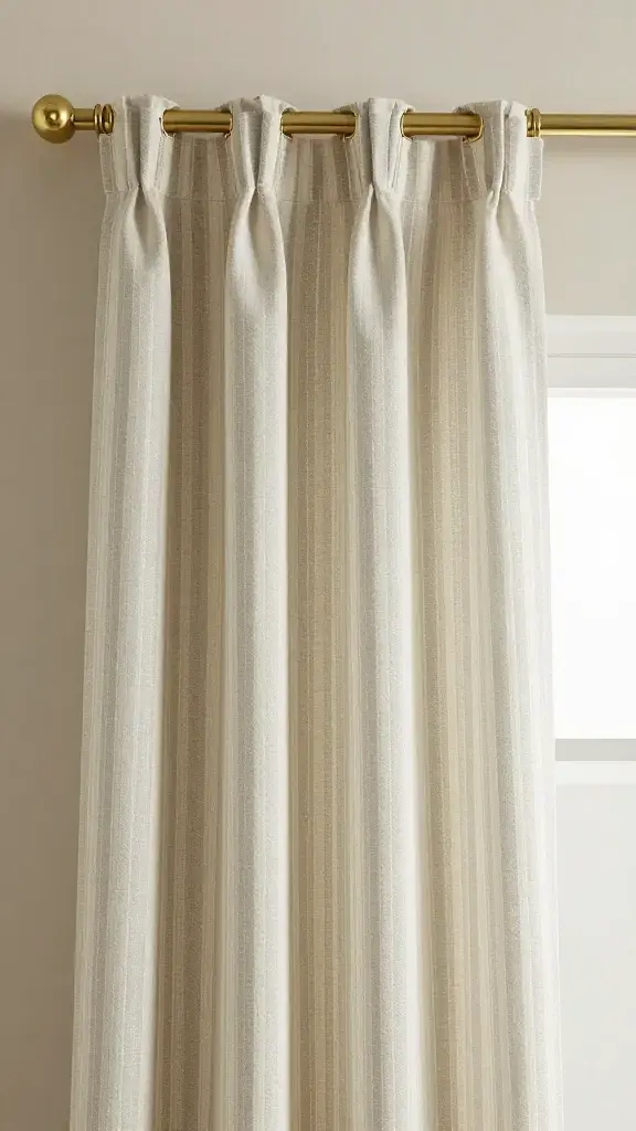 Soft linen stripe curtain with brass hooks, neutral walls