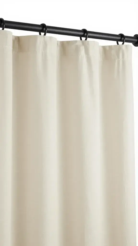 Matte black shower rod and rings with minimalist beige curtain