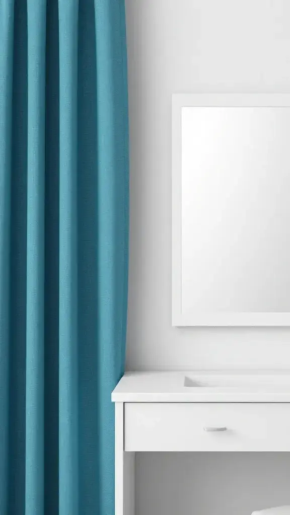 Color-saturated curtain beside simple white vanity and mirror
