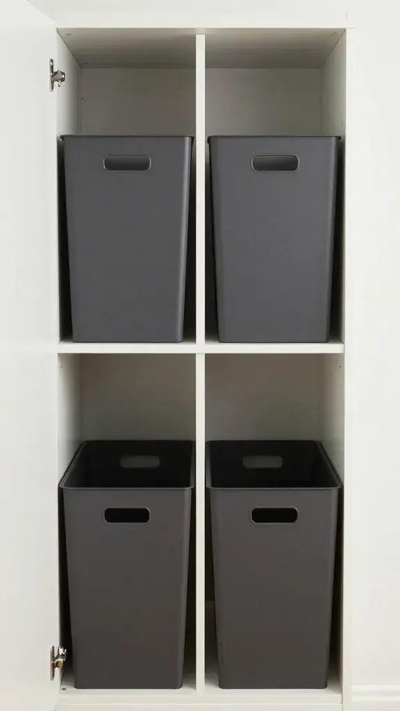 Narrow galley closet split left-right, labeled bins