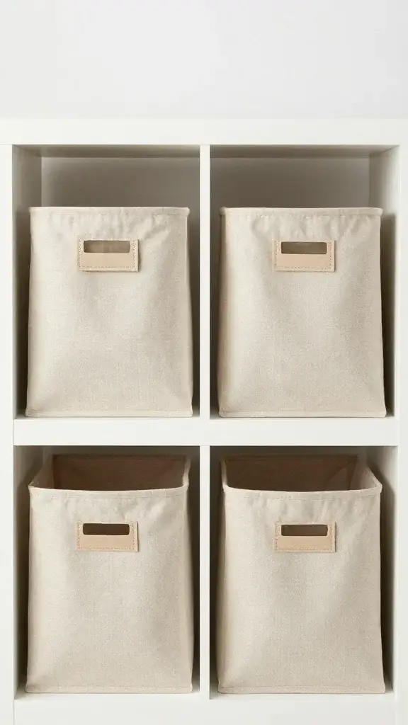 Shelf dividers with labeled fabric bins, neutral lighting