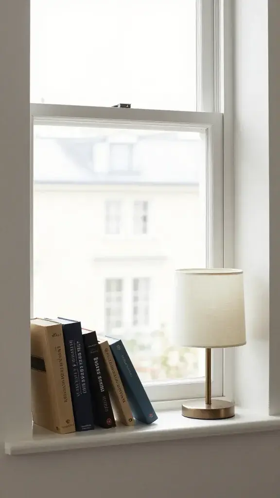north-facing window sill styled with books and lamp