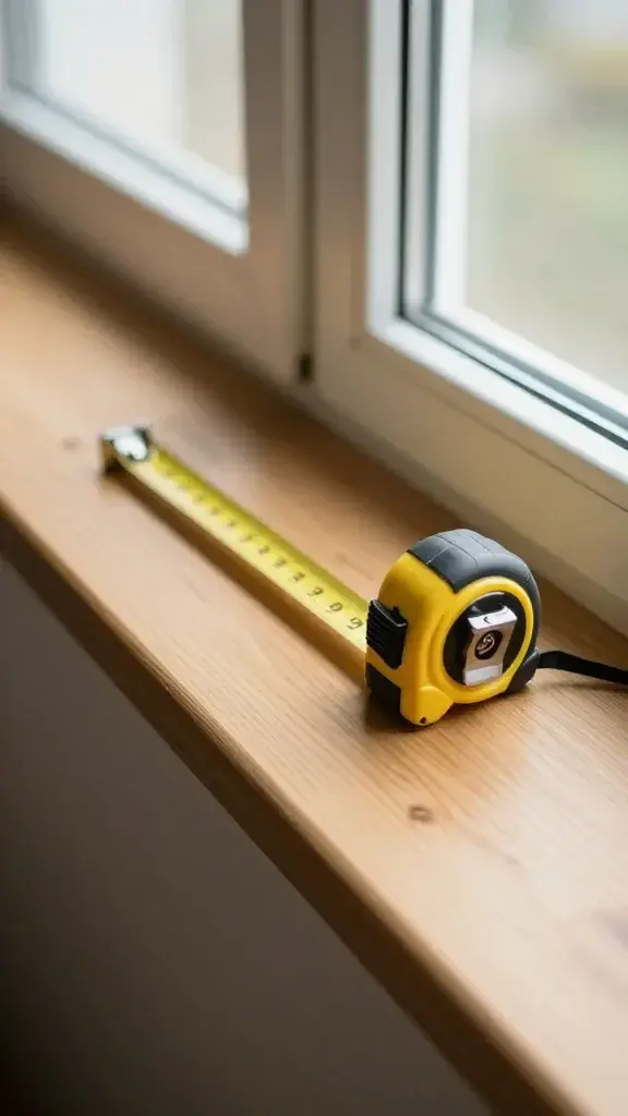 tape measure on wide wooden windowsill, close-up