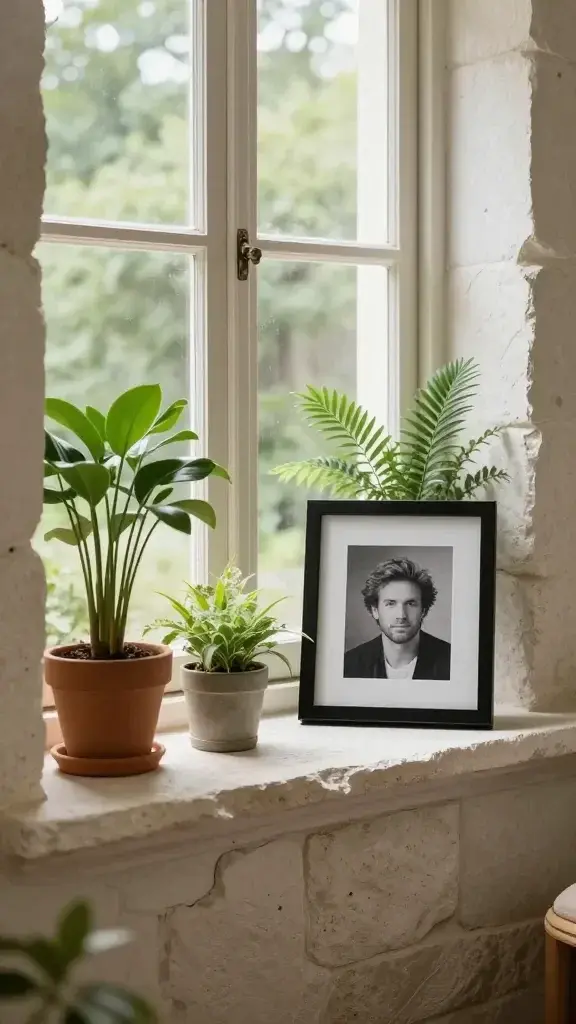 stone windowsill display with plants and framed photo