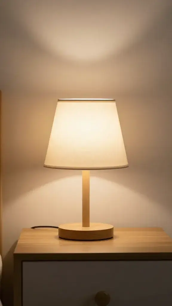 Small bedside lamp with low-profile shade on tiny nightstand