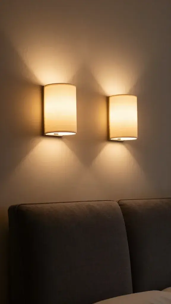 Pair of wall sconces casting warm glow above headboard