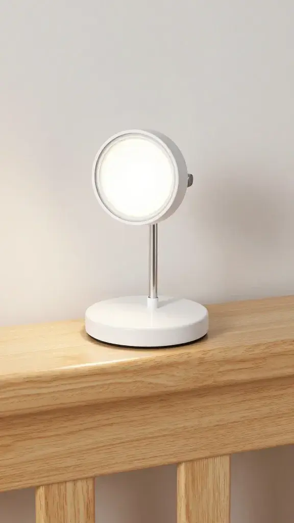Minimal clip-on reading light on wooden bed frame