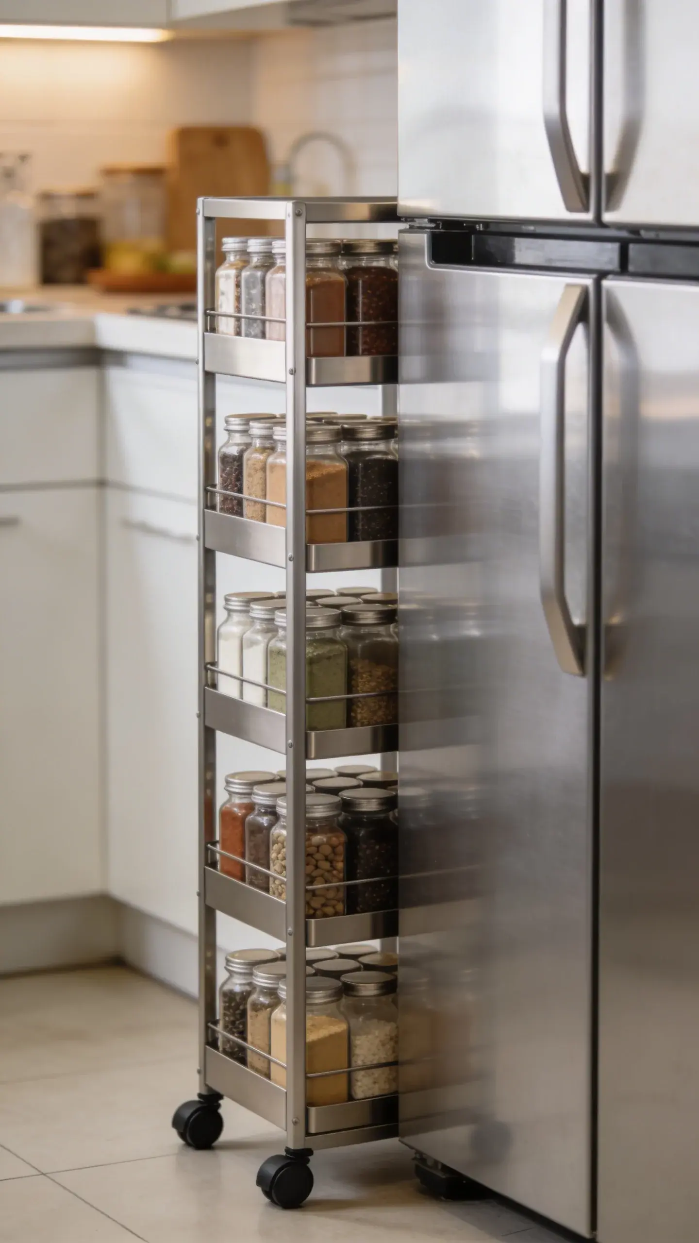 slim rolling spice rack beside stainless fridge
