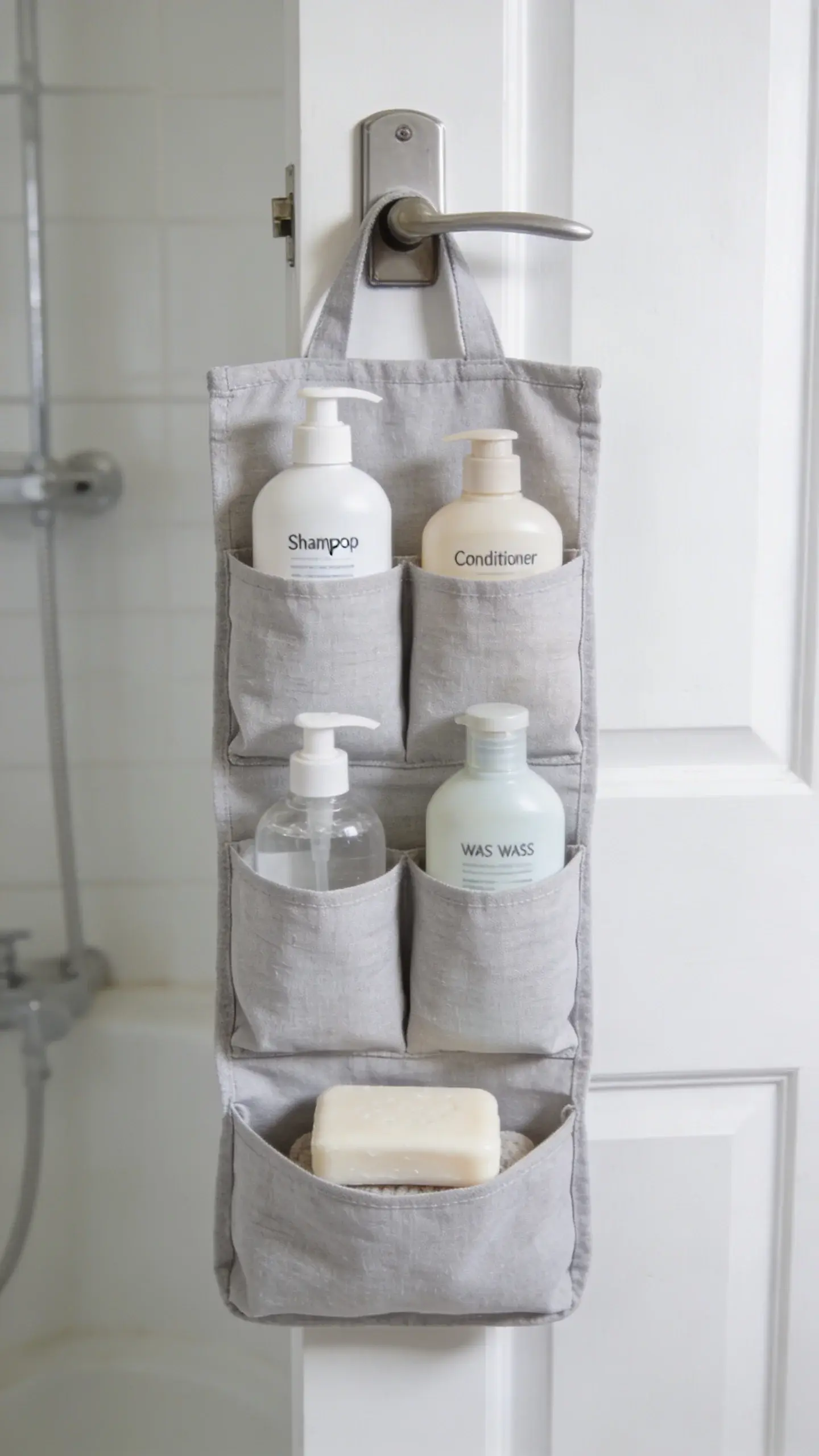 over-the-door bathroom organizer holding toiletries