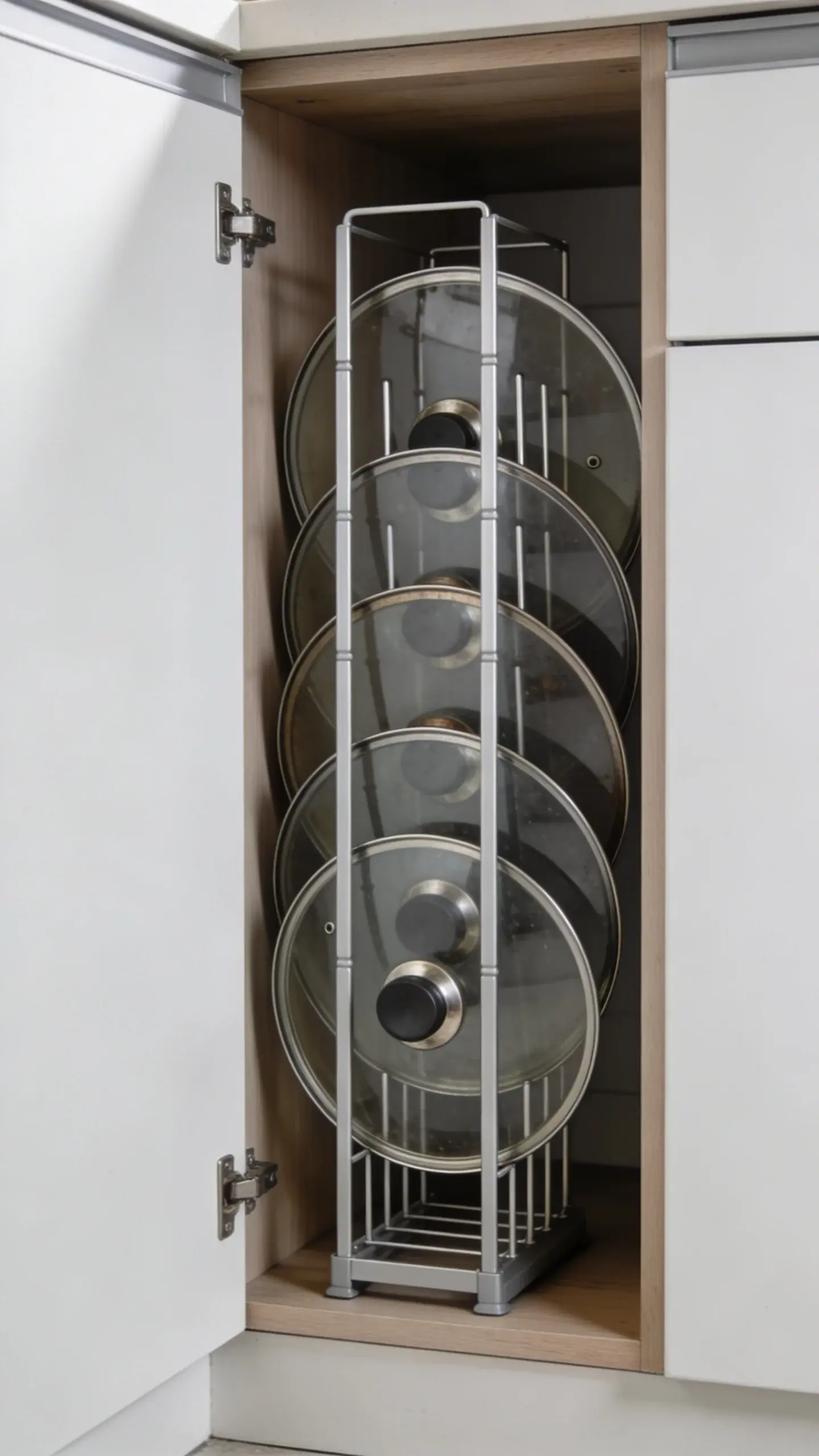 vertical pan lid rack in narrow kitchen cabinet gap
