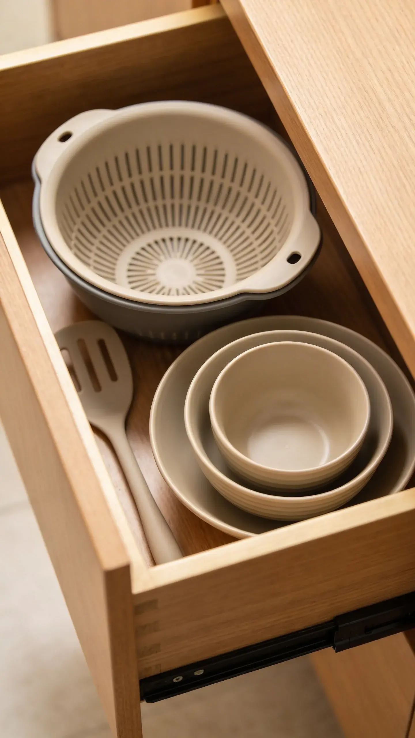 Collapsible colander and nesting bowls in tiny kitchen drawer