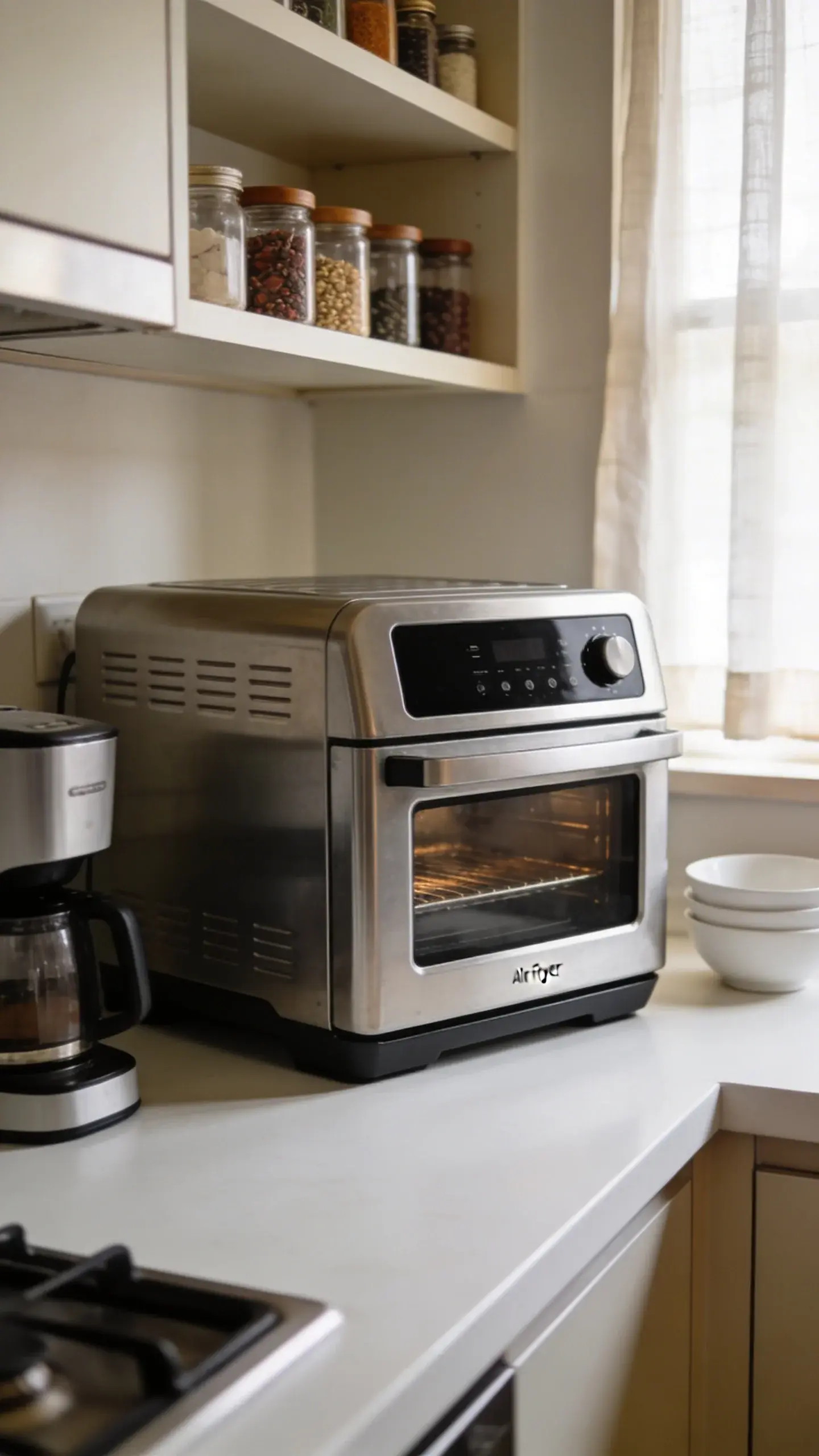 Air fryer toaster oven in compact apartment kitchen scene