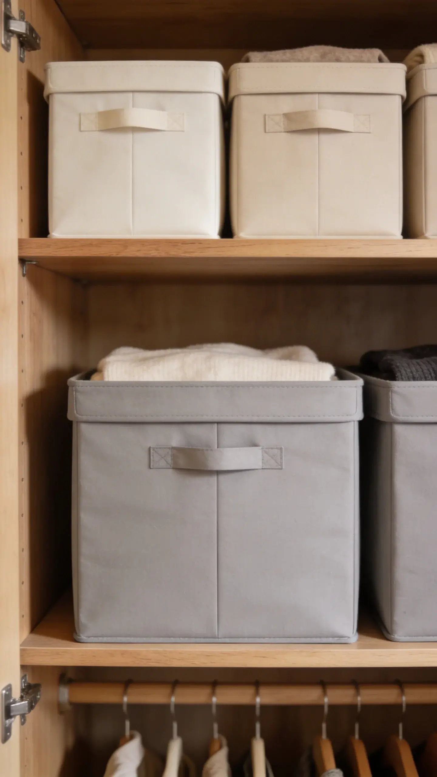 labeled seasonal storage bins on closet shelf, neutral lighting