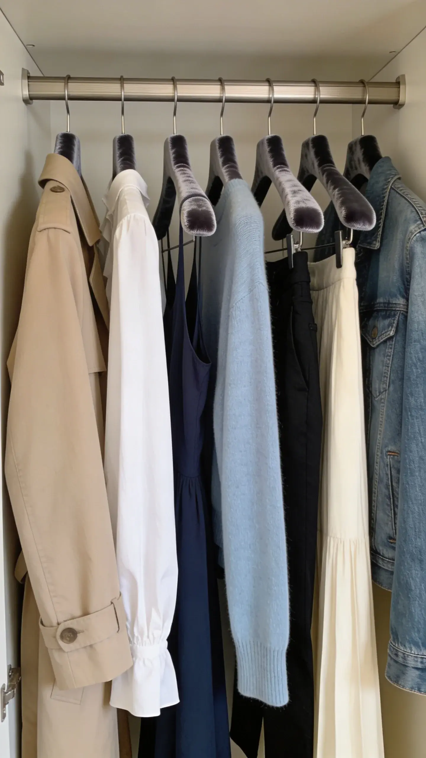 capsule wardrobe on velvet hangers, color-coded, small closet