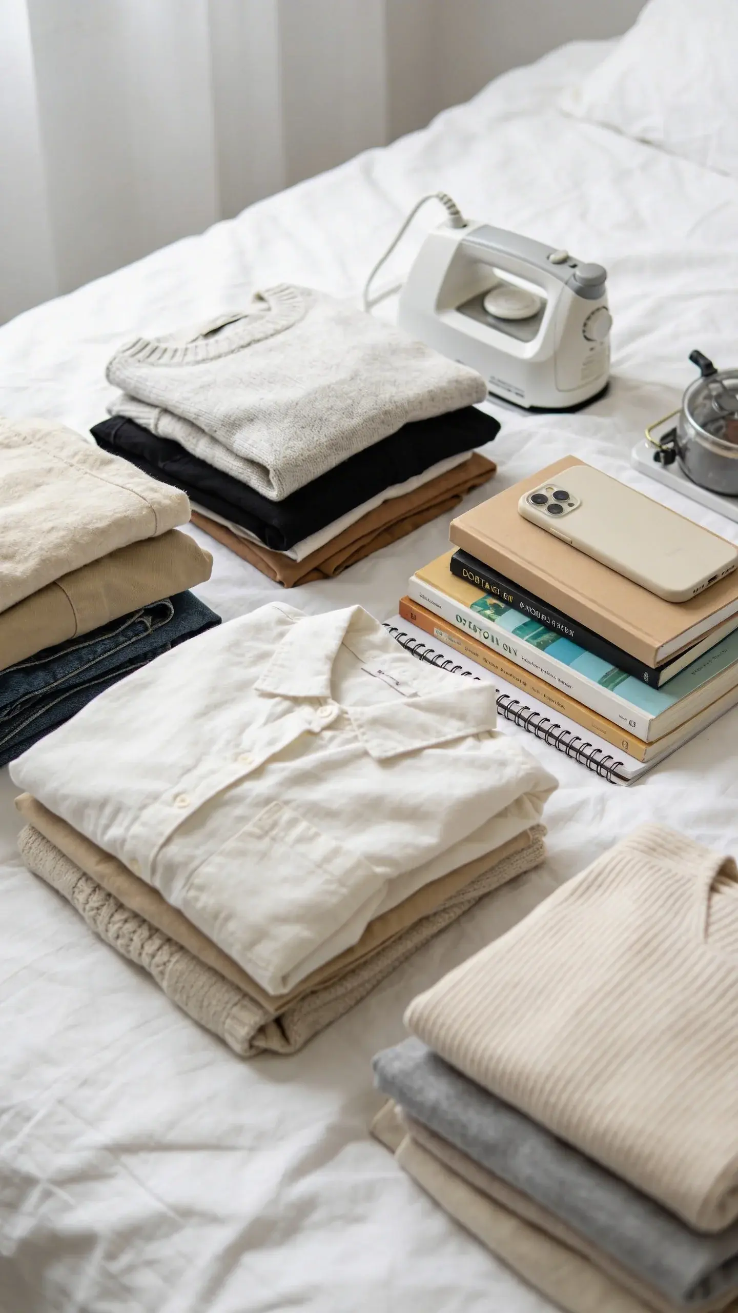 donate, keep, repair piles on white bedspread, overhead shot