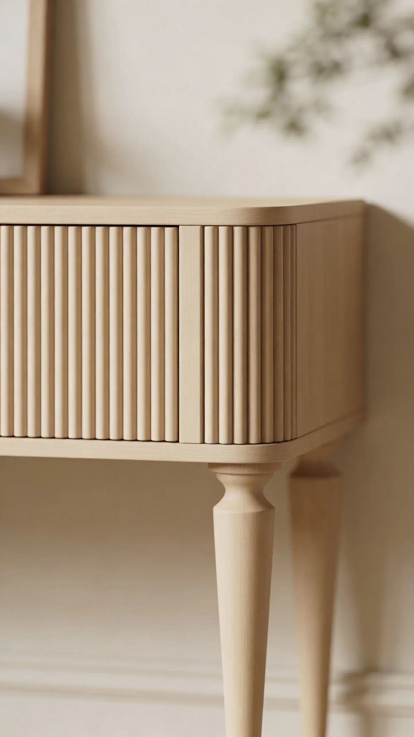 Fluted-front cabinet with thin legs, soft natural light