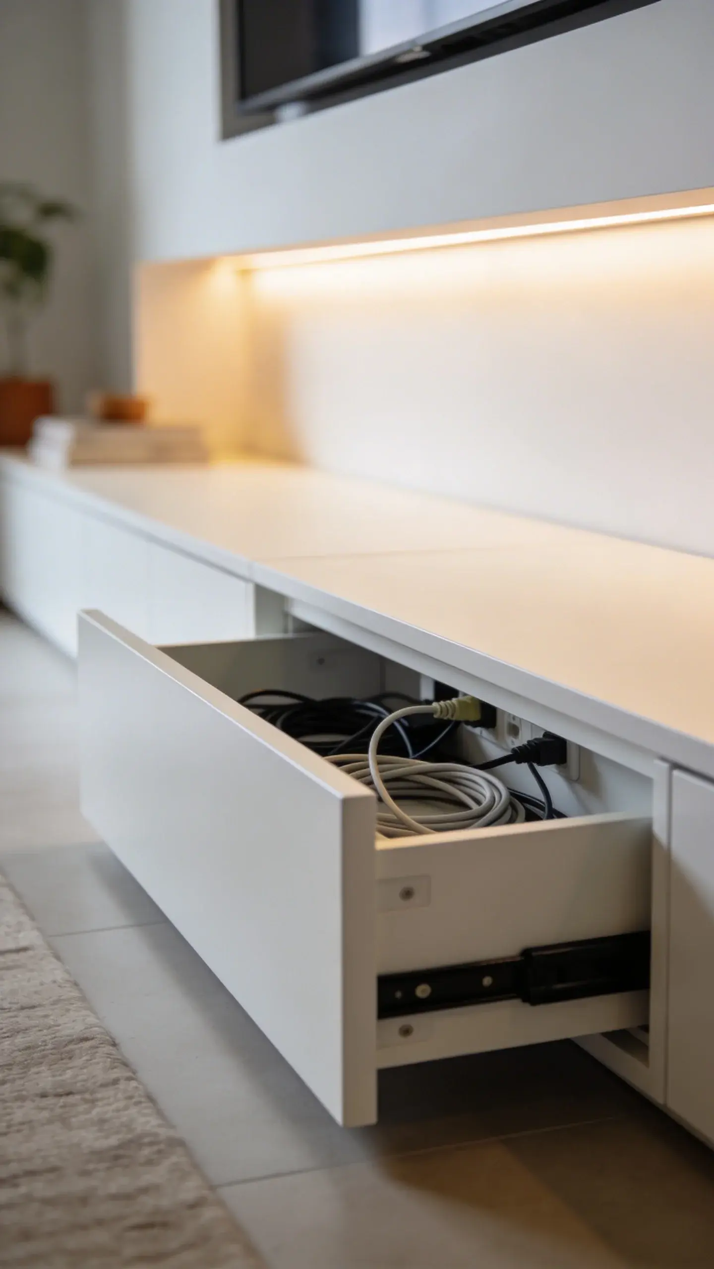 Low-profile media console hiding cords, matte white walls