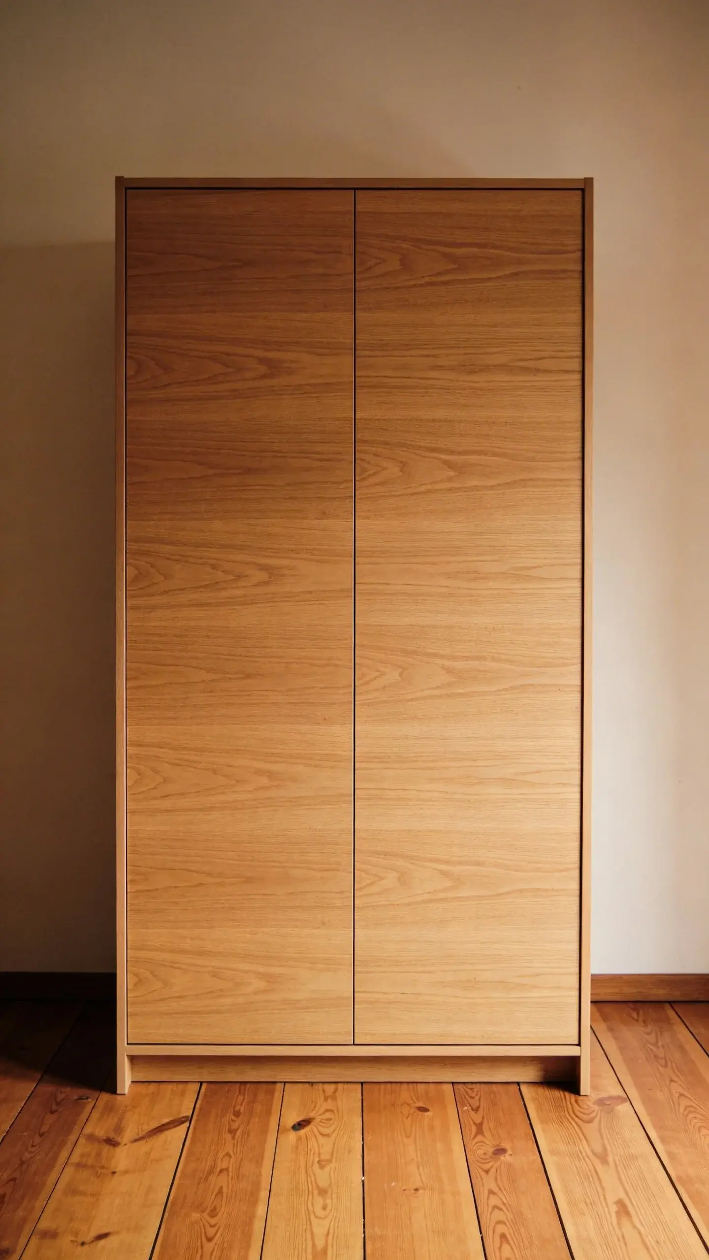 Handle-less flat-front wardrobe, warm oak floor