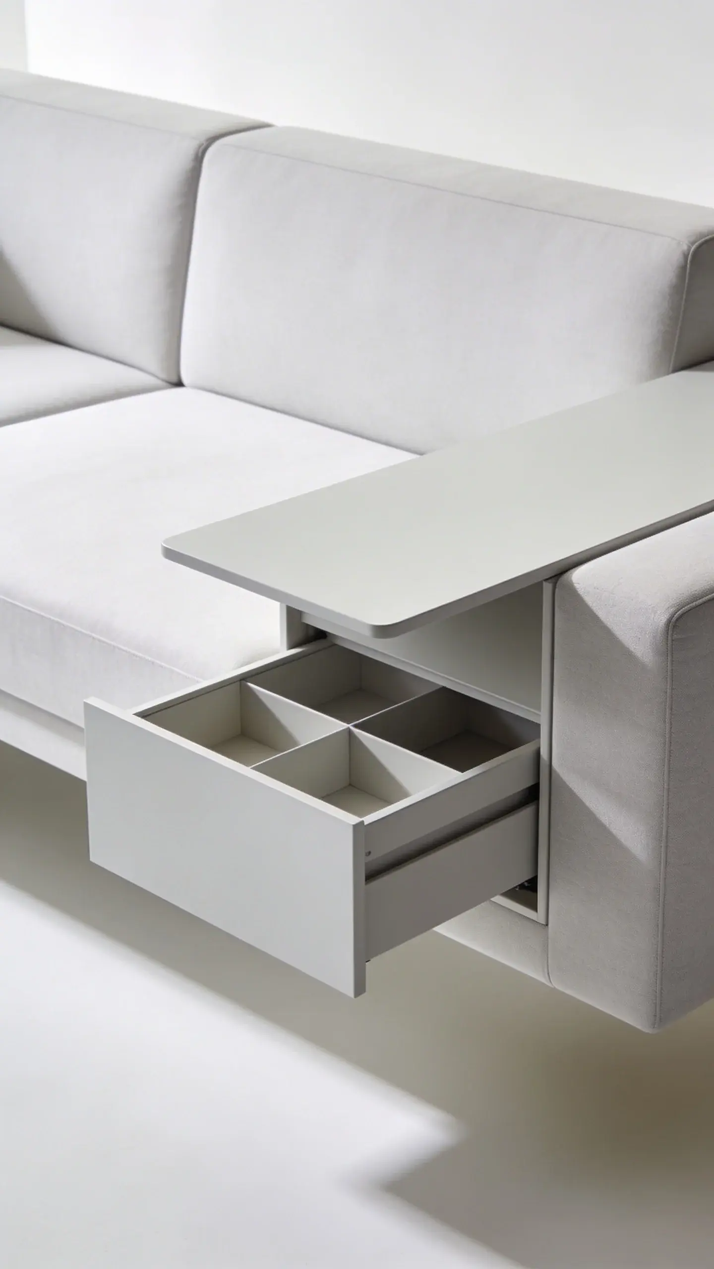 floating sofa with slim console and hidden bins