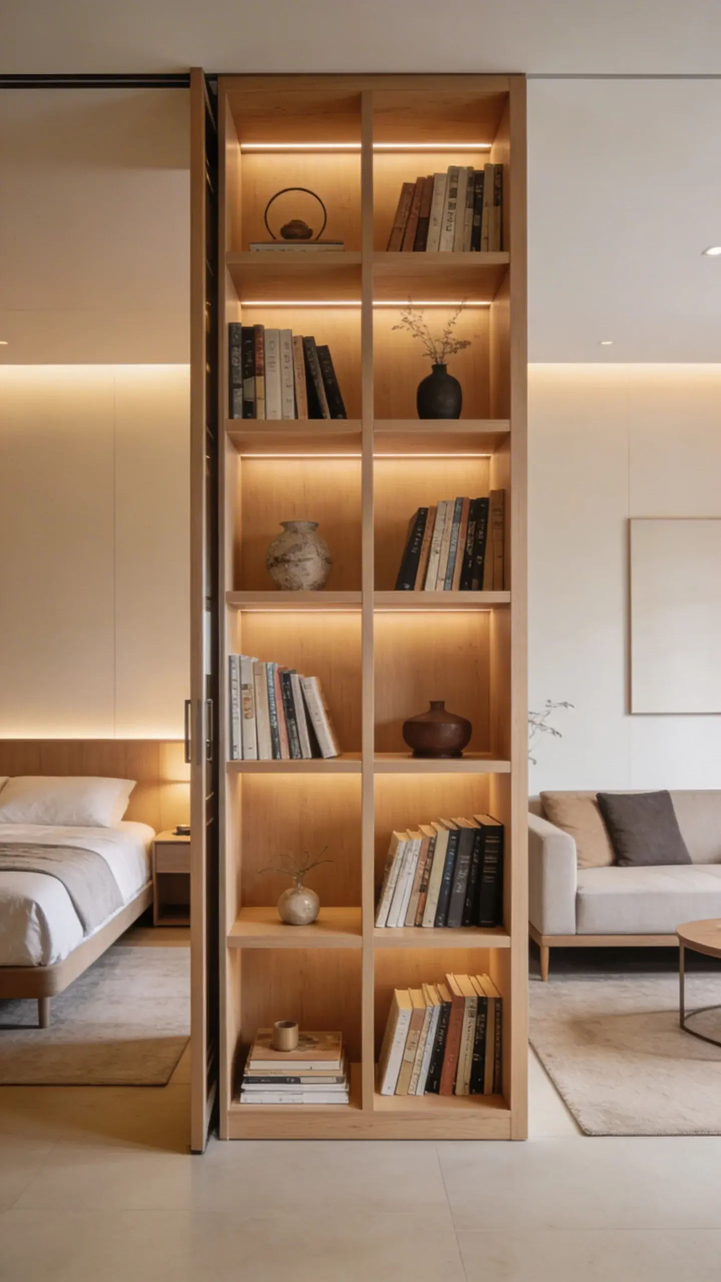 open bookcase divider separating bed and lounge