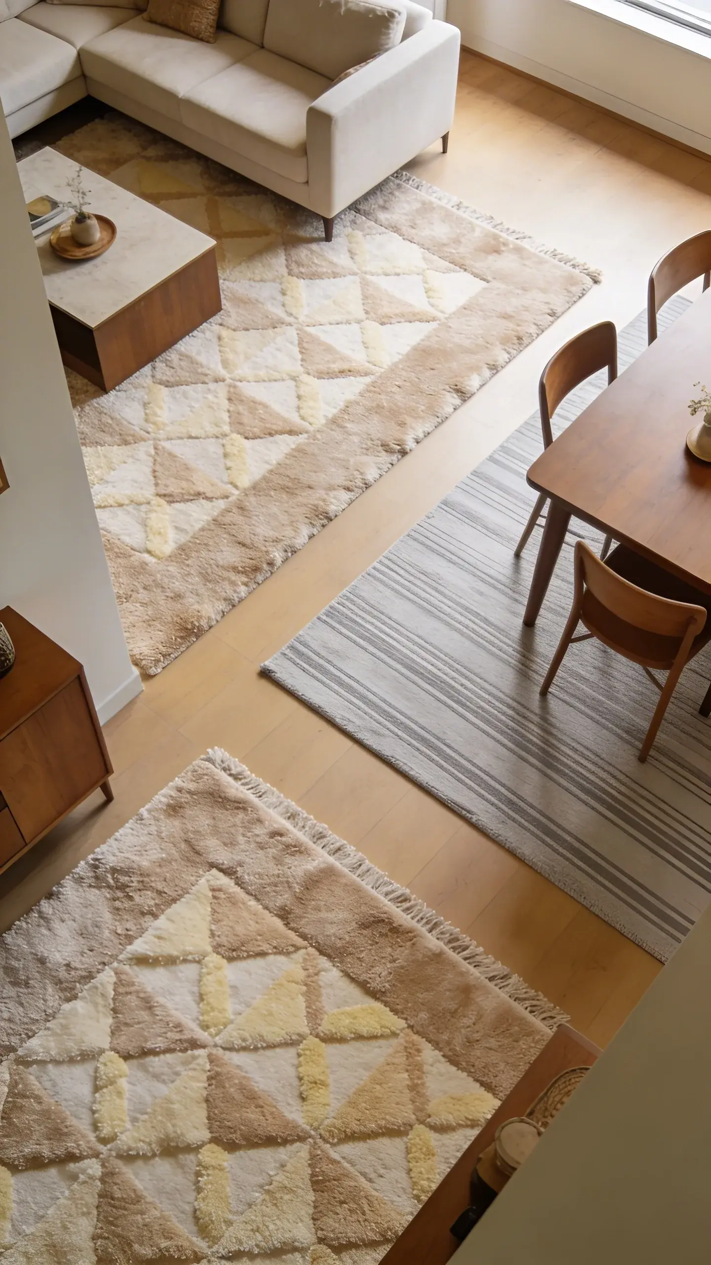 layered rugs defining living and dining zones