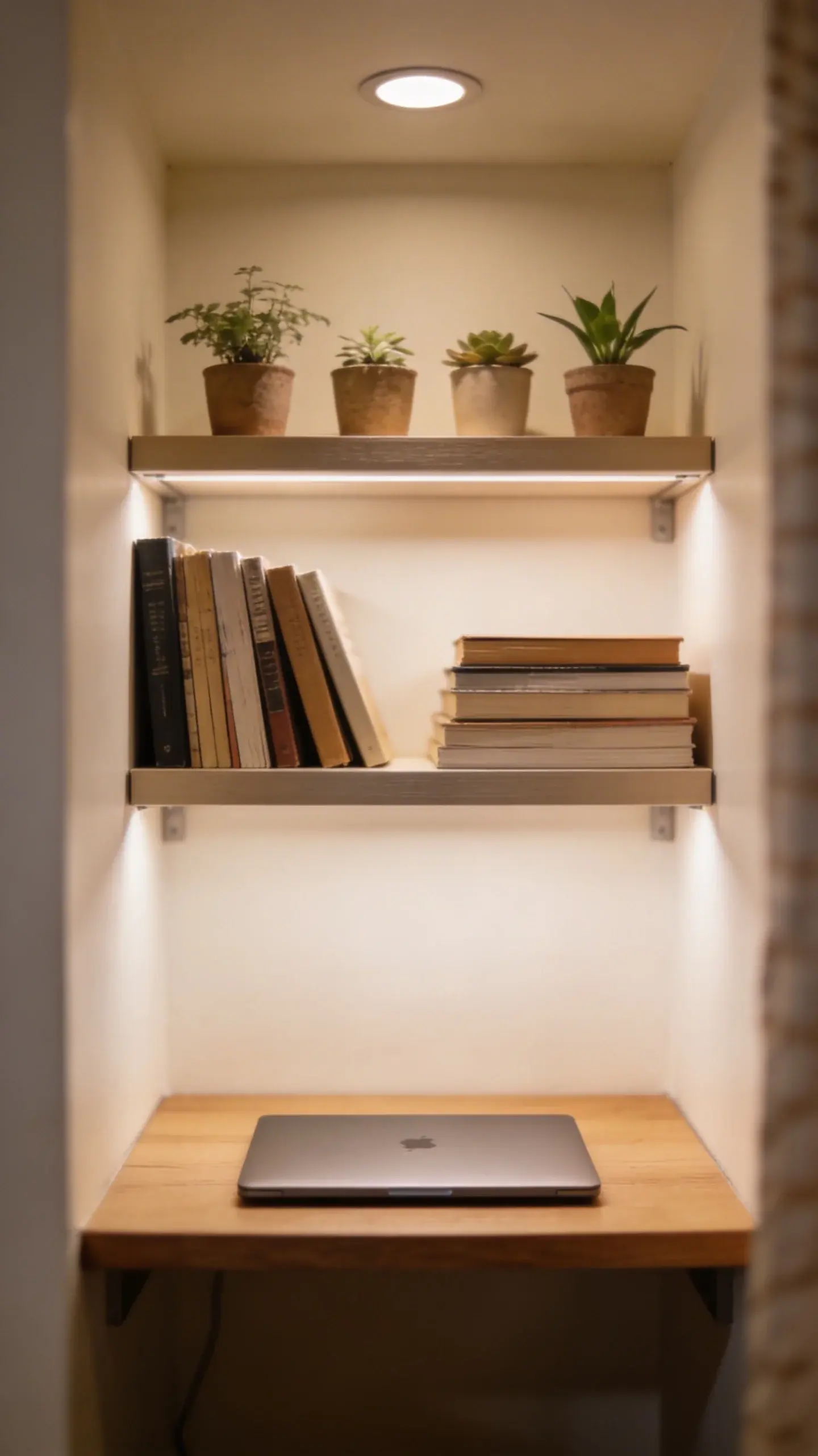 compact desk nook with wall-mounted shelves