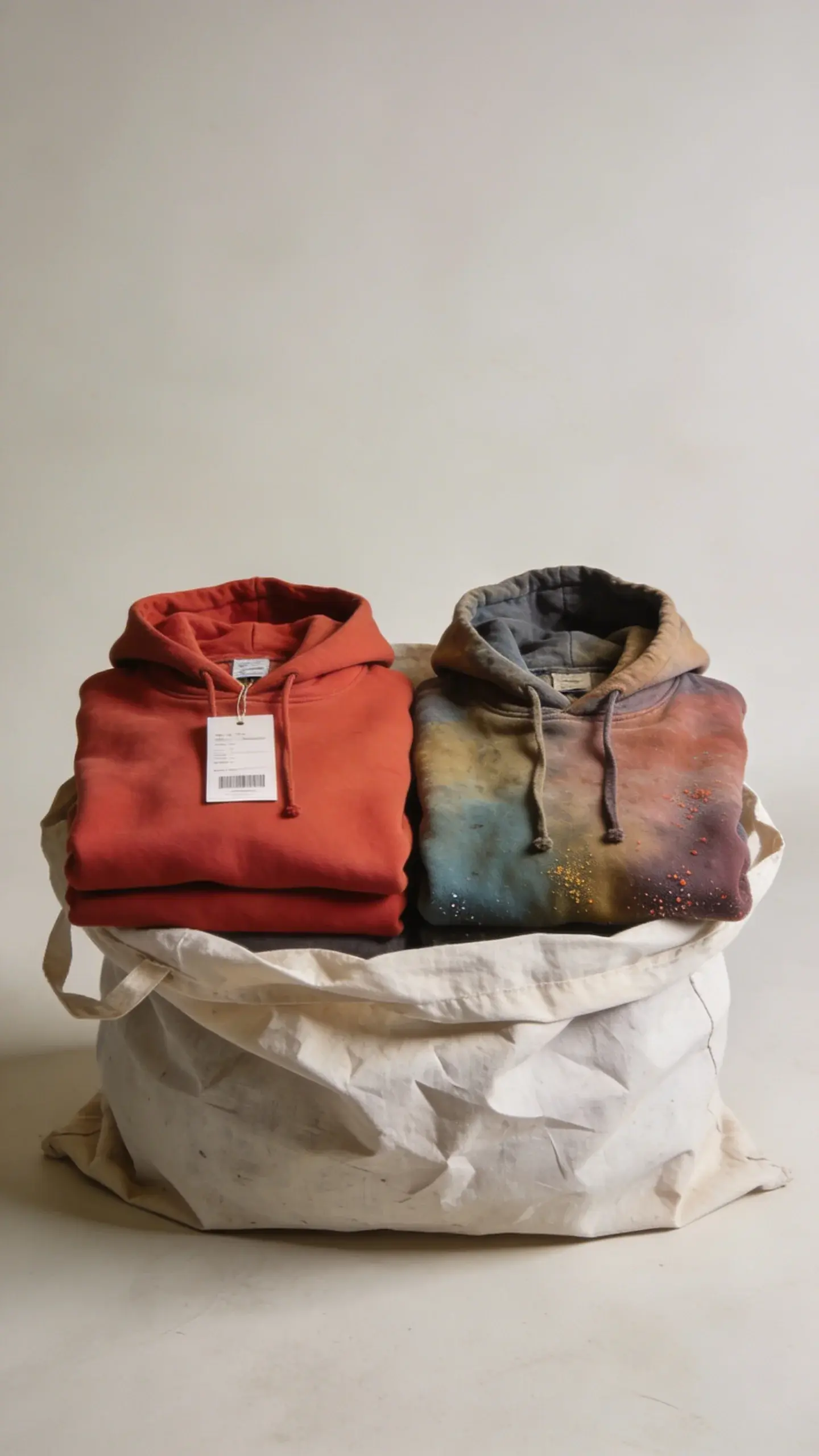 two hoodies, one new tagged, one old in donation bag