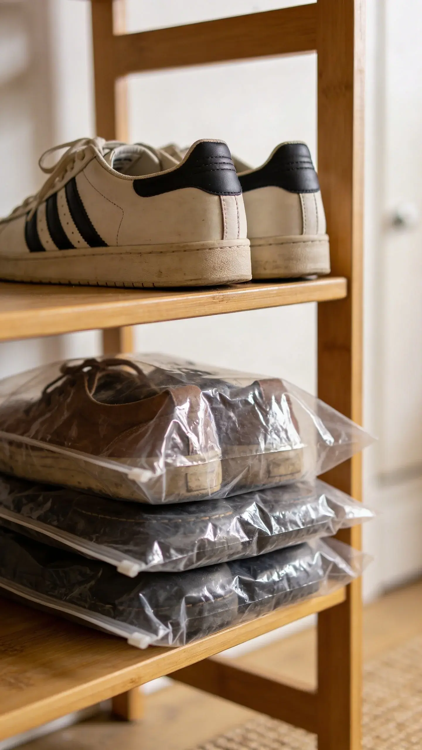 small entry shelf, new shoes in, old shoes bagged