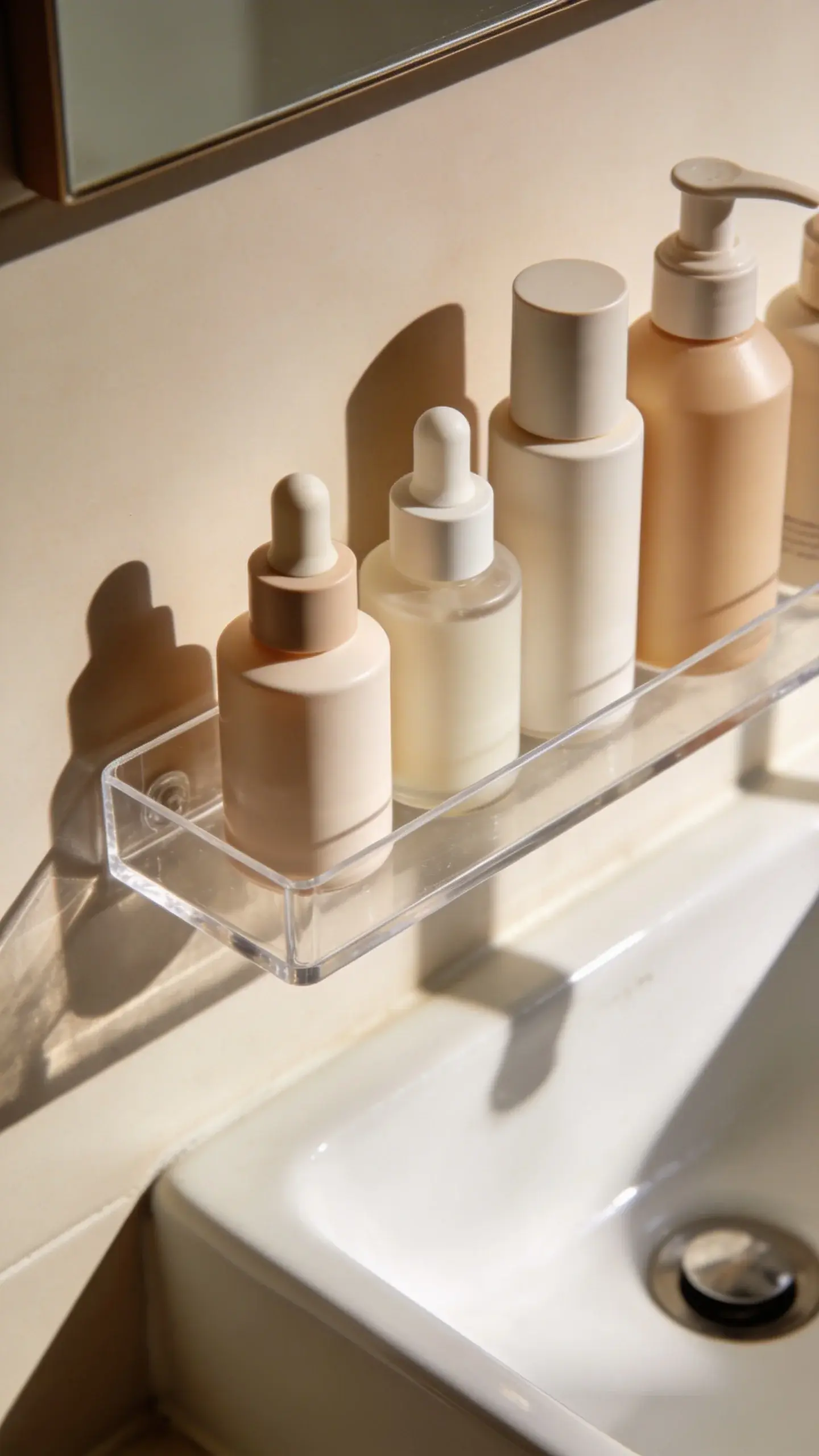 Narrow acrylic shelf above sink holding skincare bottles