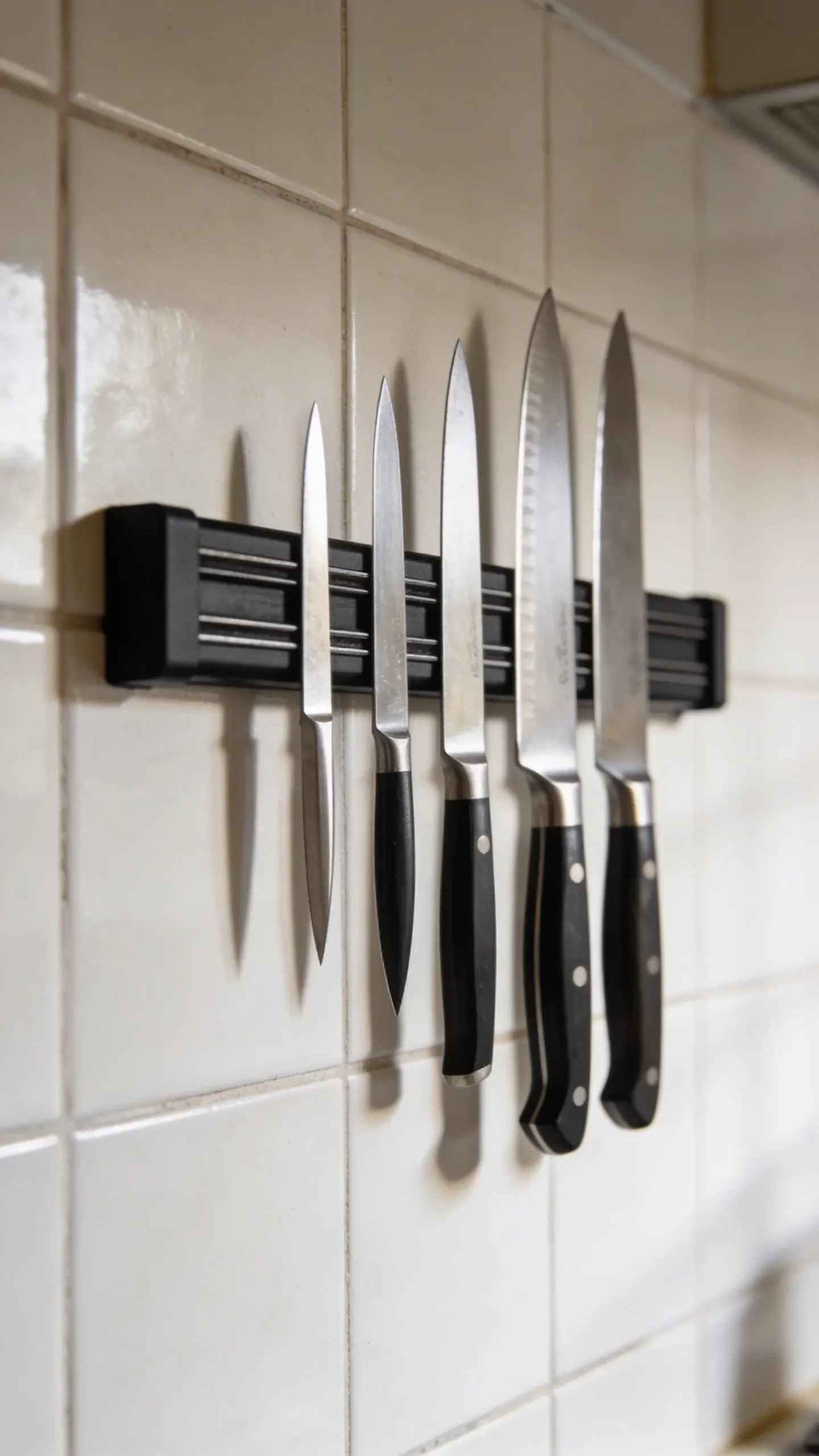 Magnetic knife strip on backsplash, blades aligned, soft daylight
