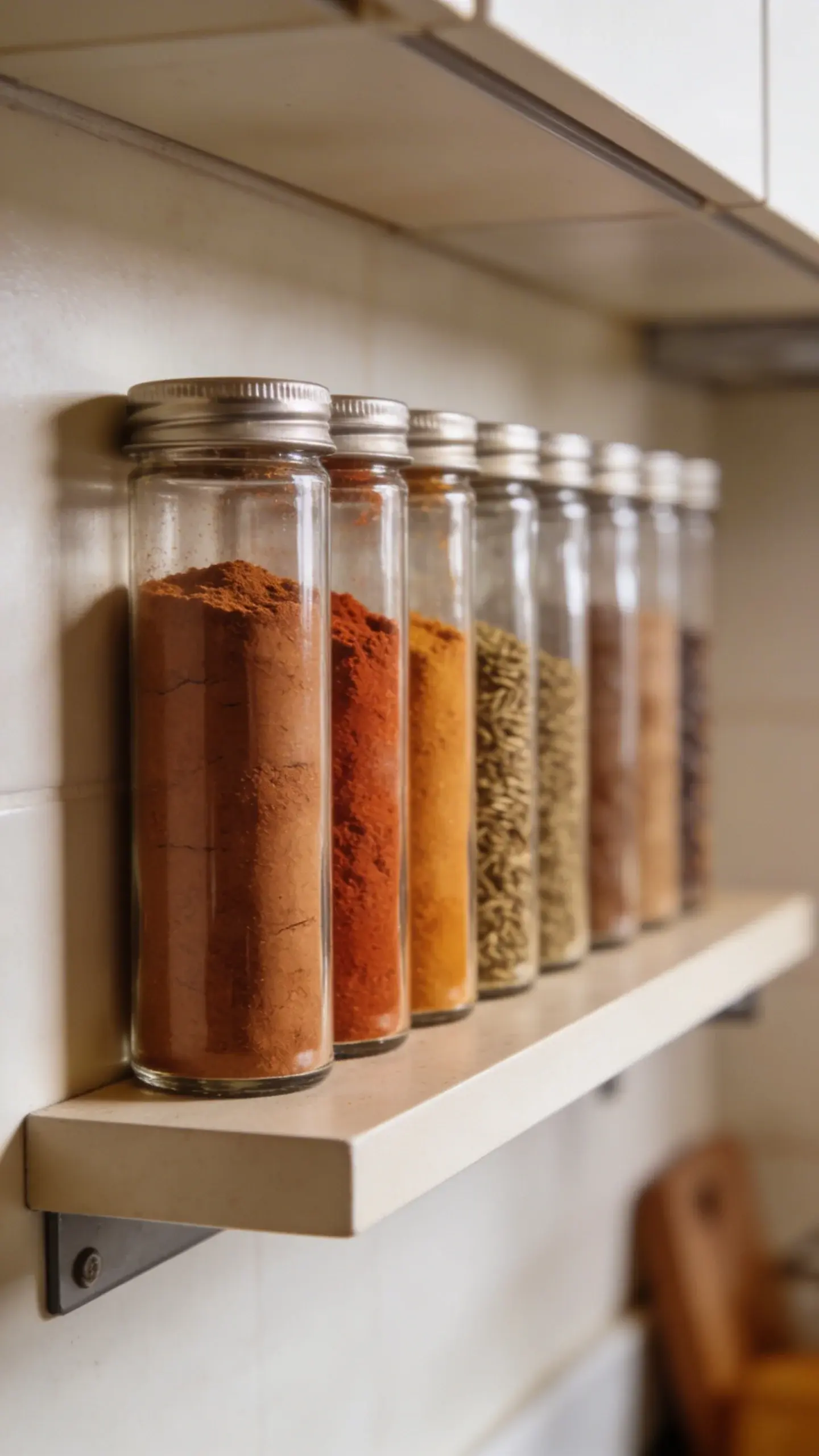 Shallow wall spice shelves, single-row jars with labels