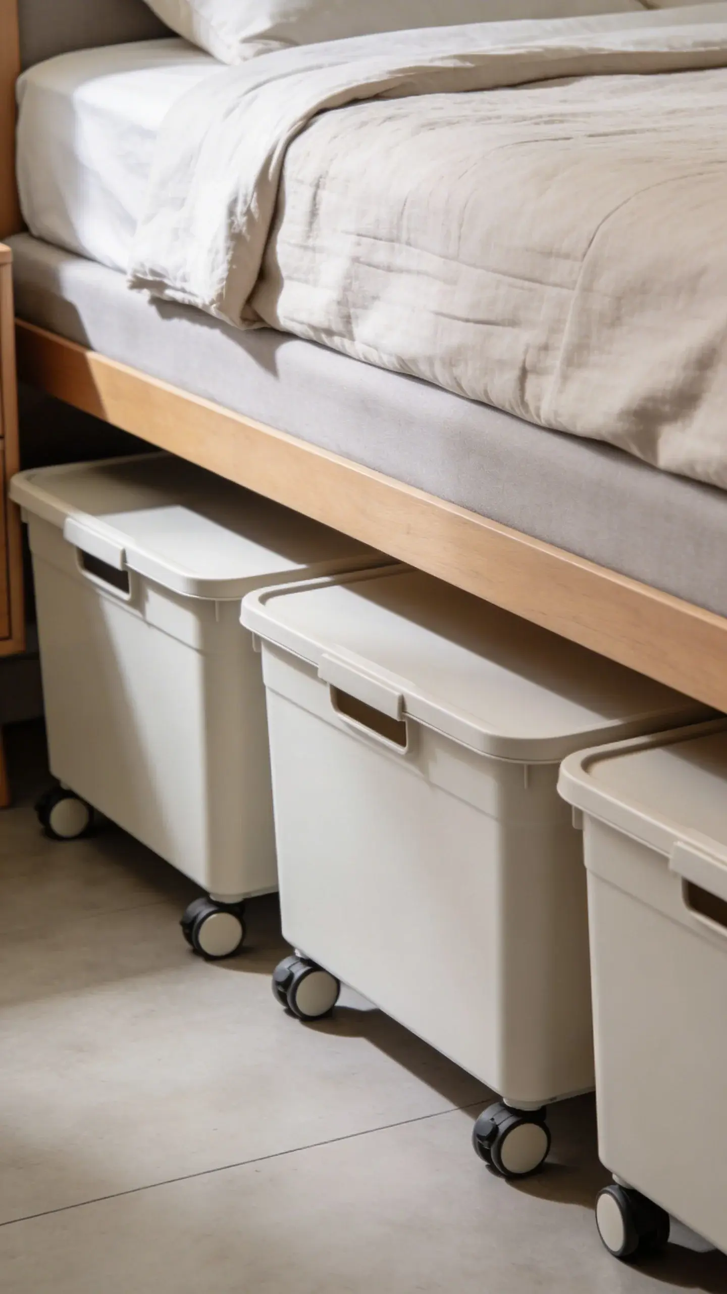 low-profile rolling storage bins under queen bed, side view