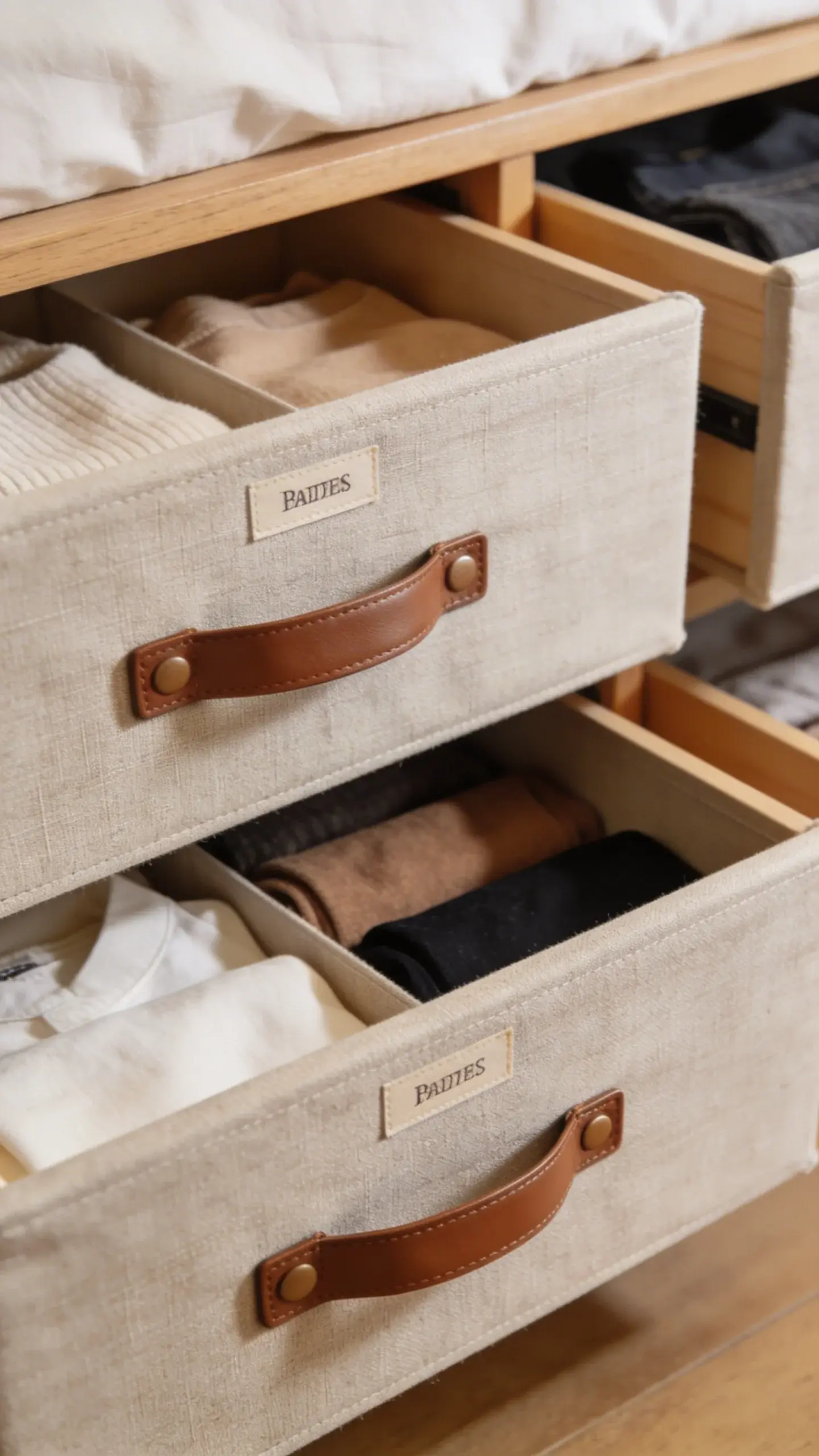 labeled fabric under-bed drawers with leather pulls, organized