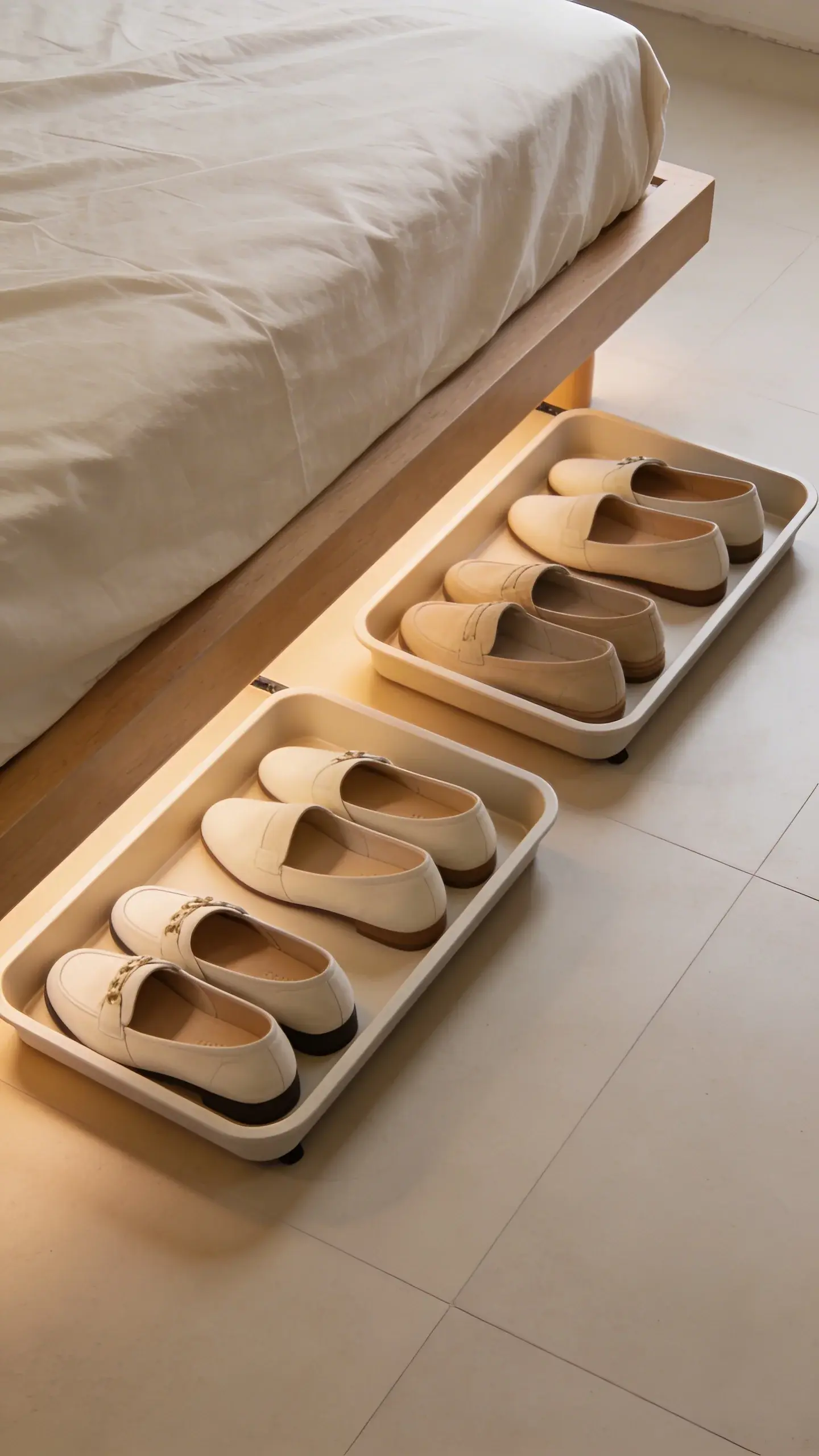 shallow shoe trays under platform bed, neatly aligned pairs