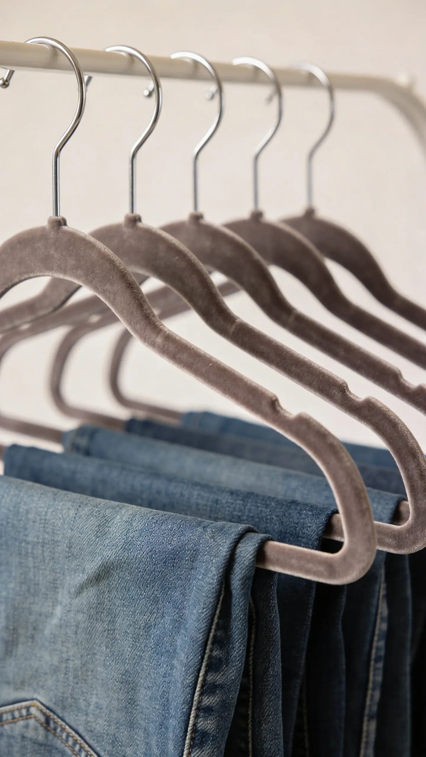 slim velvet hangers holding jeans, evenly spaced