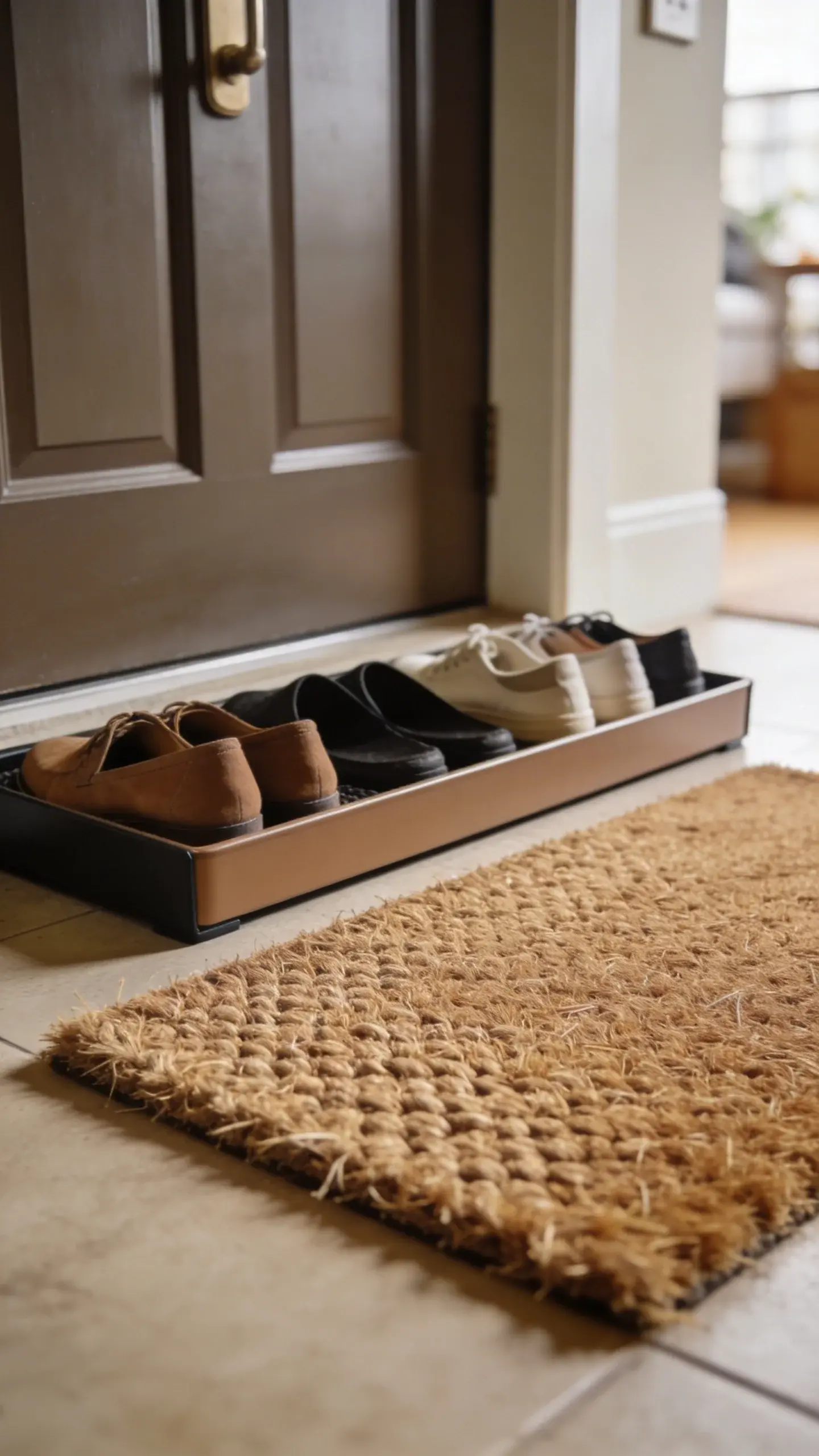 Slim shoe tray by apartment door with coir doormat