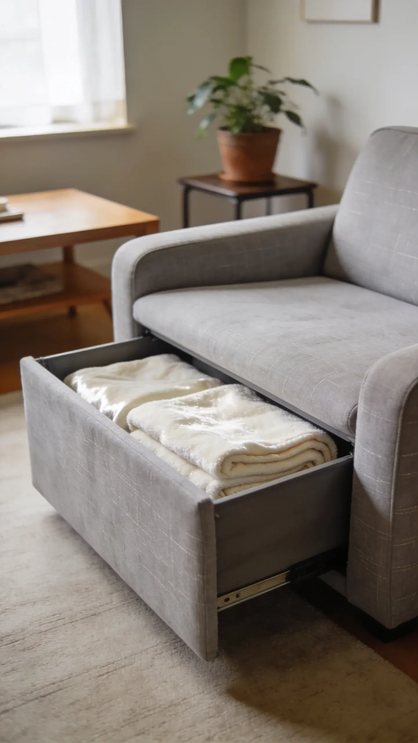 small apartment living room, chaise storage holding blankets