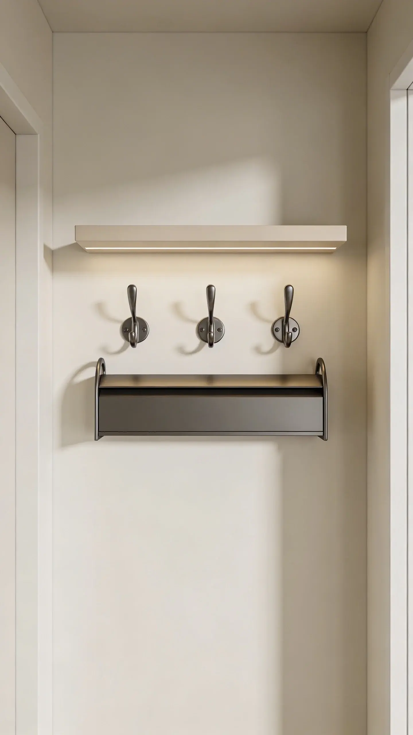 Entryway wall with hooks, mail rail, and slim shelf