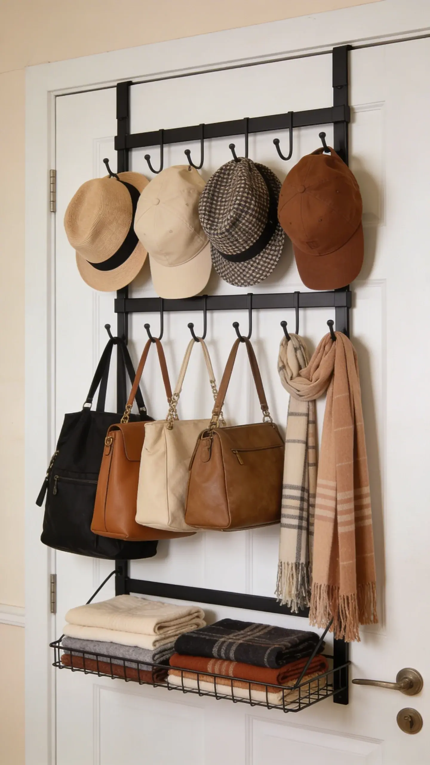 Over-door rack holding hats, bags, and folded scarves