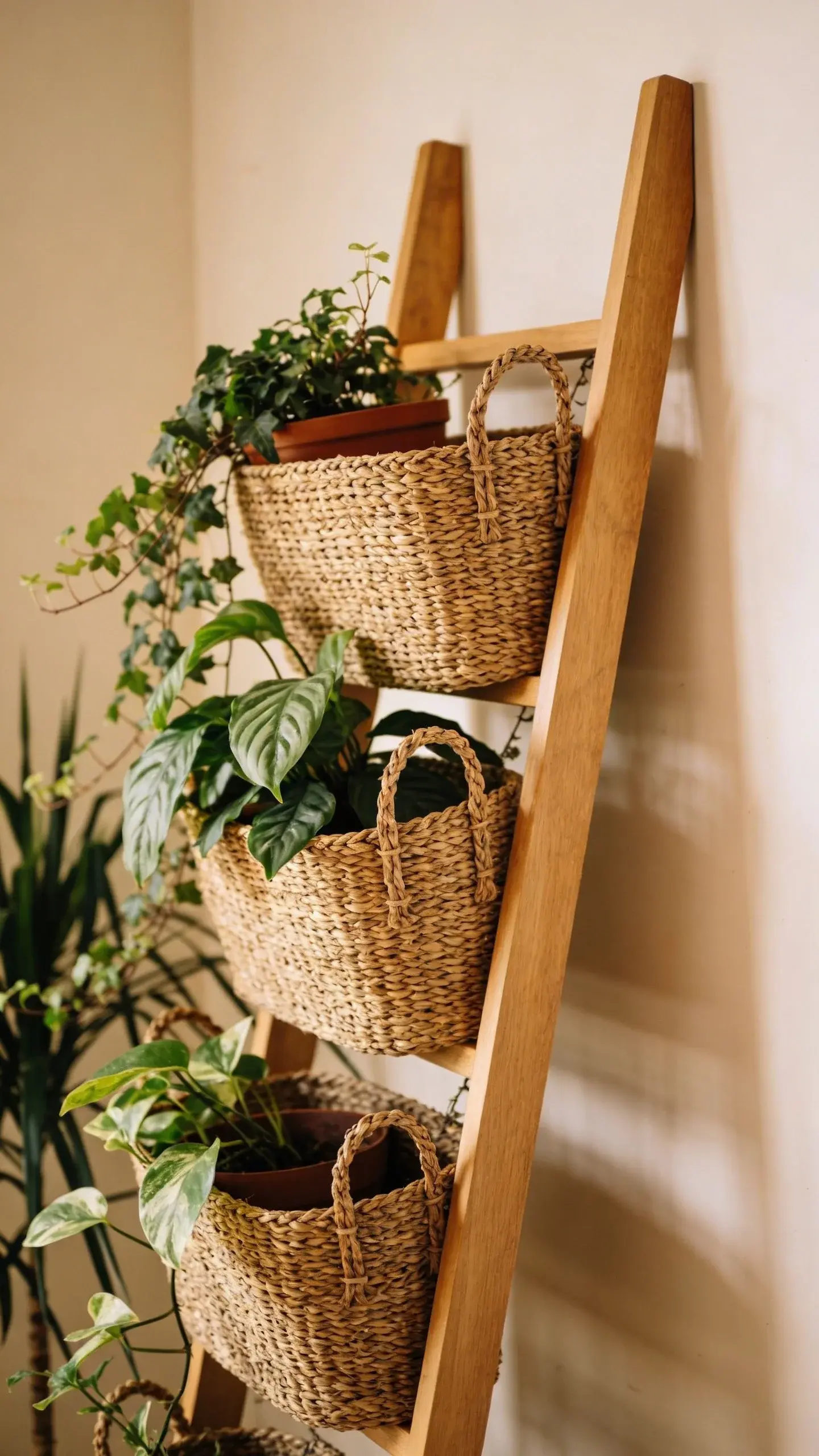 Corner vertical ladder shelf with baskets and plants